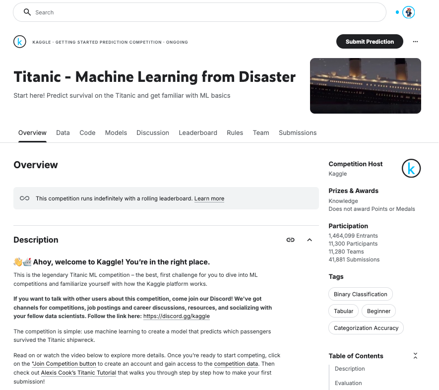 TitanicコンペのOverviewページ。上部にOverview・Data・Code・Leaderboard・Rules・Submissionsのタブが並び、右上にSubmit Predictionボタンがある